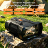 Minener NightScout Ridge night vision binoculars at a campsite with 4K photos, 5W infrared, 800m night vision, 4.5-inch display, 10X zoom, and flashlight.